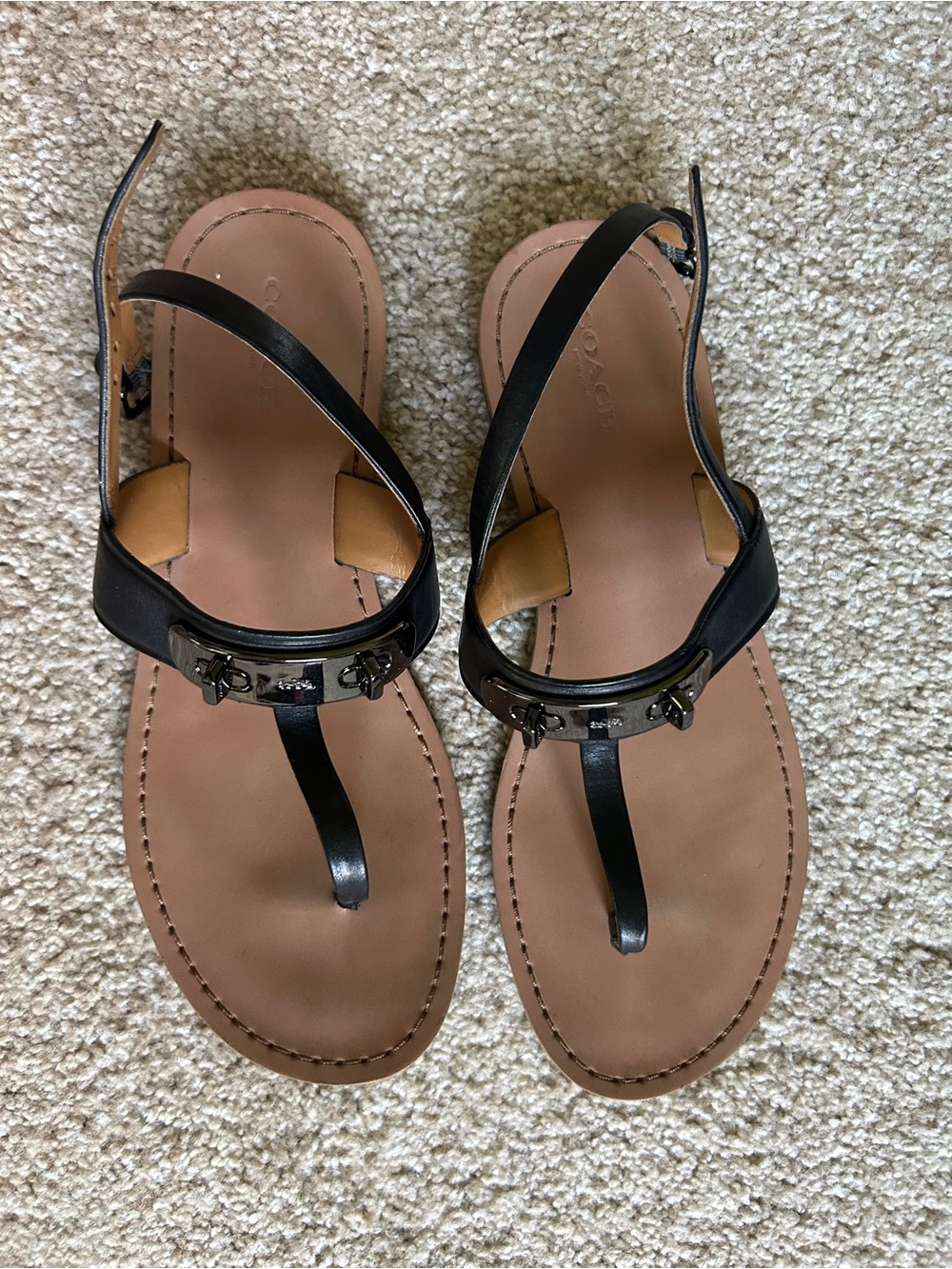 Coach Gracie Black Leather T-Strap Women's Sandals